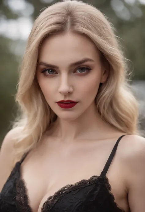 Photorealistic portrait of a blonde vampire girl, Tiene el pelo largo y rubio, a  girl, de pie a toda altura en la oscuridad, Lleva un vestido corto negro con un escote pronunciado., Medias caladas negras, tacones negros, Cara detallada, maquillaje oscuro,...