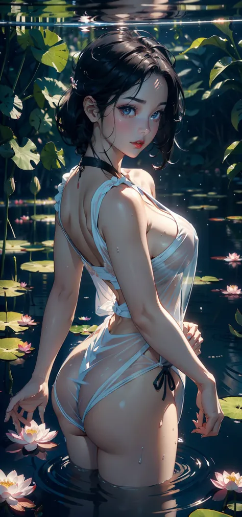 （Background with：ponds，Cherry blossom forest，lotus flower）Lie underwater， She has short black hair，seen from the front，， mostly cloudy sky，（（（tmasterpiece），（Very detailed CG unity 8K wallpaper），best qualtiy，cinmatic lighting，detailed back ground，beatiful d...