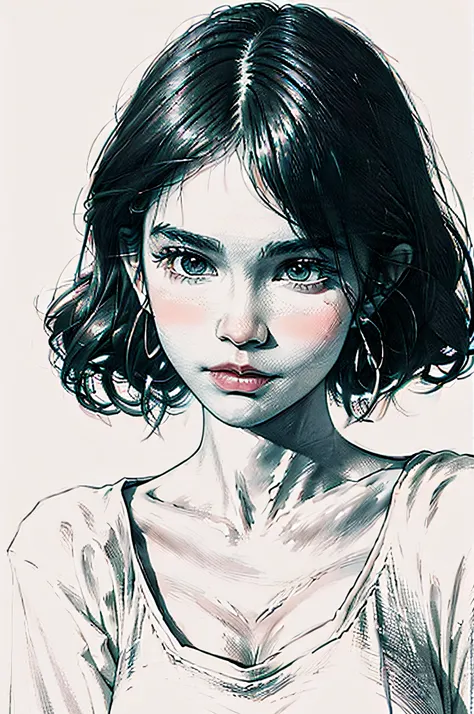 portrait,sketch,monochrome,escala cinza,((blush)),1girll,((cowboy shot)),((close-up)), ((closed mouth)), short hair,white t-shir...