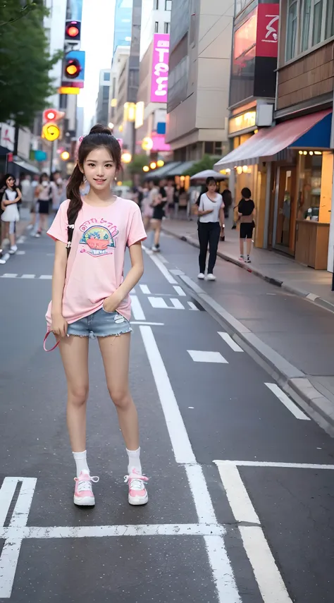 Cute and playful 16 year old loli skateboarding, Cute hairstyle, Cute star hairpins，Brown eyes,Random and cute photo action,（Pink Super David shirt，Shorts and white socks white skateboard shoes:1.1）,the street lights,neonlight,Bustling street background,(L...