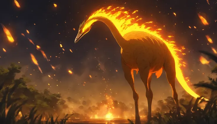 Gallimimus, brillent yellow and orange, flames covering its back, a fireball streaking across the night sky, Fire Bolt, masterpiece, best quality