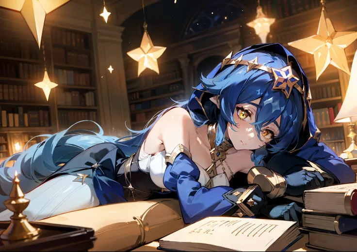 (1girl), illustration, Layla (Genshin Impact), choker, star (symbol), golden eyes, yellow eyes, glowing eyes, eyes with stars, earrings, gold jewelry, blue skirt, blue dress, white stockings, amazing body, sexy, laying down, lying down, lying on back, layi...