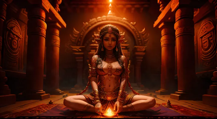 Young tantric priestess woman with tattoos on her loinclothed body in a photorealistic temple --auto