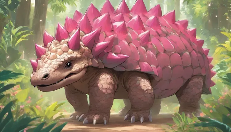 Ankylosaurus, Lovely soft pink with darker pink spikes, friendly and adorable and kawaii, Friends, masterpiece, best quality