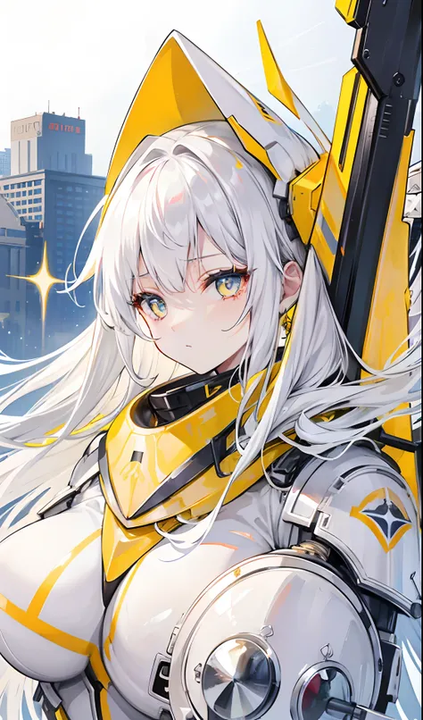 Holy white hair，Shining yellow pupils，War suit，a beauty girl