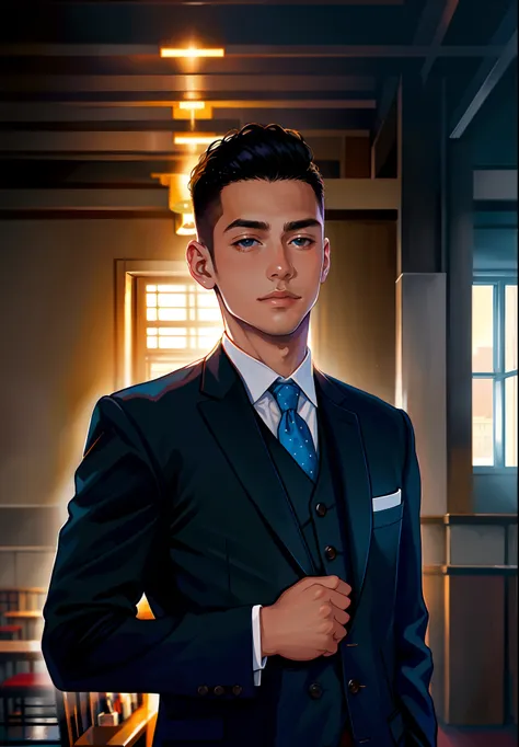 A young handsome man in a suit standing in an amazinv room, professional profile picture, detailed professional photo, landscapes