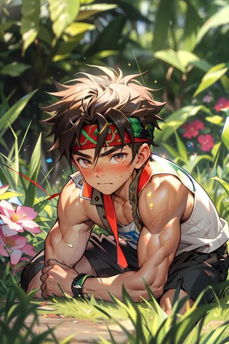 (Masterpiece, Best quality 12 year old boy，Shota), 1boys, Young,Muscular, Short hair, with brown eye, Intricate, Grass, full bodyesbian, Shirtless, Muscles sparkle in the sun,Black shorts,  green headband, Vivid colors,(Depth of field:1.2),(Abs),Blush, vie...