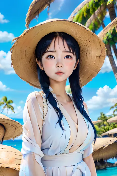 ((Extremely detailed)),, (8K), Best Quality, (Beautiful),((masutepiece)), ((Best Quality)), Beautiful girls,Realistic portraits,a straw fedora hat, (Ultra-detailed), ((kawaii)), Cute, (lovely),plein air、blured background:1.5、((South Island、Palm trees、Blue ...