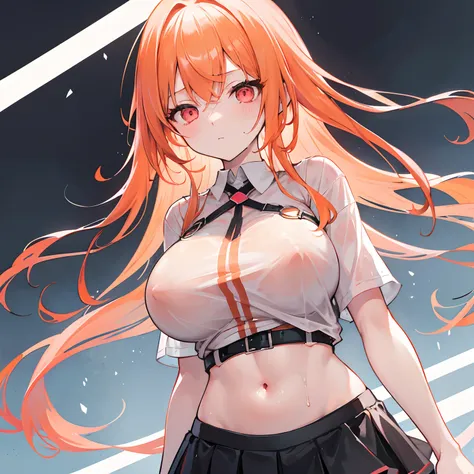 Long pale orange hair scattered，dual horsetail，Pink eyes，Loving pupils，Girl，huge tit，black short skirt，White off-the-shoulder short sleeves，The clothes were soaked with sweat，Than a yay，