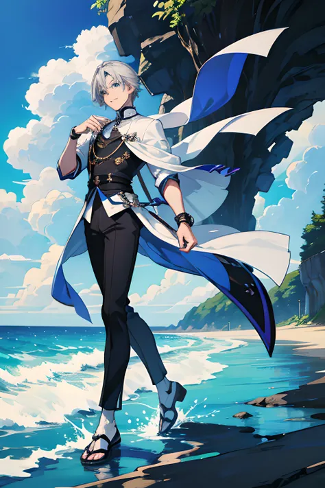 anime style, full body, dynamic pose, human male  young guy with handsome face, blue eyes, short silver straight hair, kind  smile mixing european and japanese style revealing clothing in black and white, on the shore.