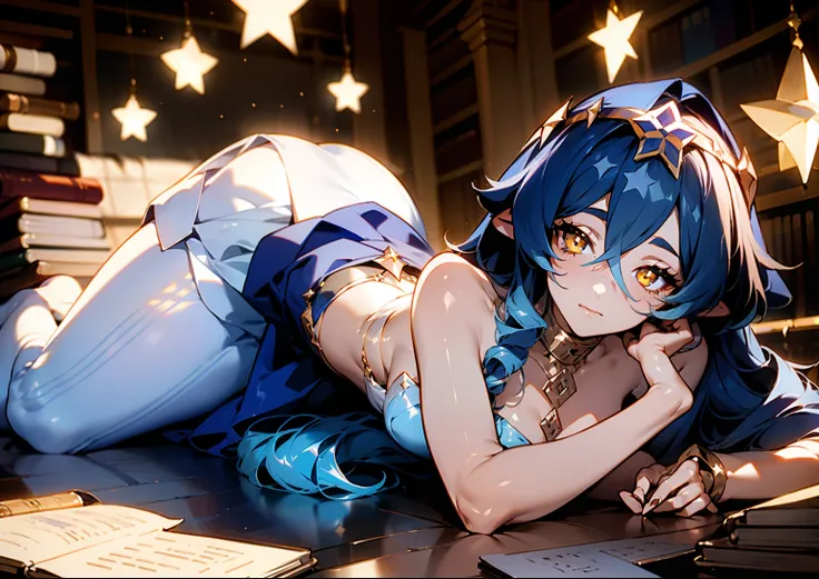 (1girl), illustration, Layla (Genshin Impact), choker, star (symbol), golden eyes, yellow eyes, glowing eyes, eyes with stars, earrings, gold jewelry, blue skirt, blue dress, white stockings, amazing body, sexy, laying down, lying down, lying on back, layi...