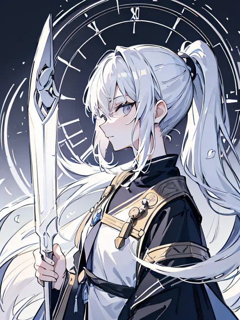 masterpiece, acura, 1girl, solo, mage robes, long ponytail white hair, magic weapon, profile close-up, flower line drawing background, clock background, monochrome, line drawing, looking at viewer, grey eyes, thinking pose ((sketch))