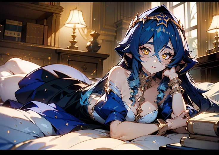 (1girl), illustration, Layla (Genshin Impact), choker, star (symbol), golden eyes, yellow eyes, glowing eyes, eyes with stars, earrings, gold jewelry, blue skirt, blue dress, amazing body, sexy, laying down, lying down, lying on back, laying on back, comfo...