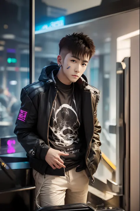 Change beckgroung  cyberpunk handsome boy . realistic face 8k ultra realistic