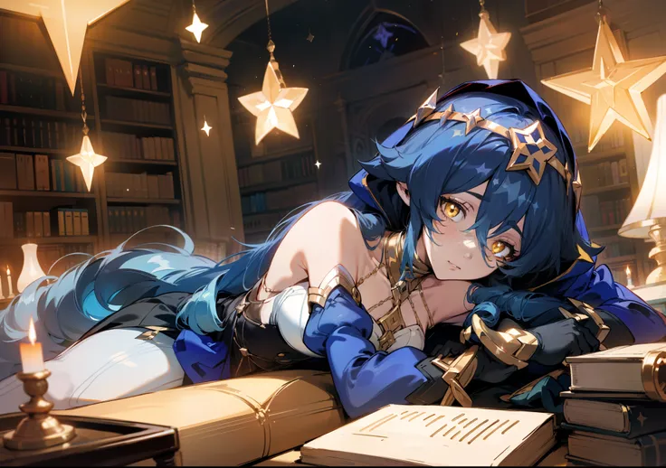 (1girl), illustration, Layla (Genshin Impact), choker, star (symbol), golden eyes, yellow eyes, glowing eyes, eyes with stars, earrings, gold jewelry, blue skirt, blue dress, amazing body, sexy, laying down, lying down, lying on back, laying on back, comfo...