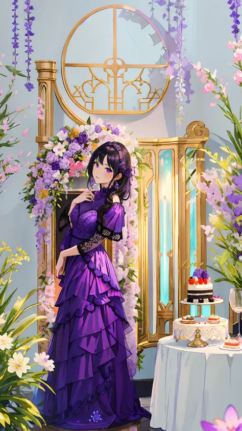 A young woman dressed in a purple dress standing in front of a cake, garbed in a purple gown, purple themed, violet colored theme, backdrop, 8k, beautiful