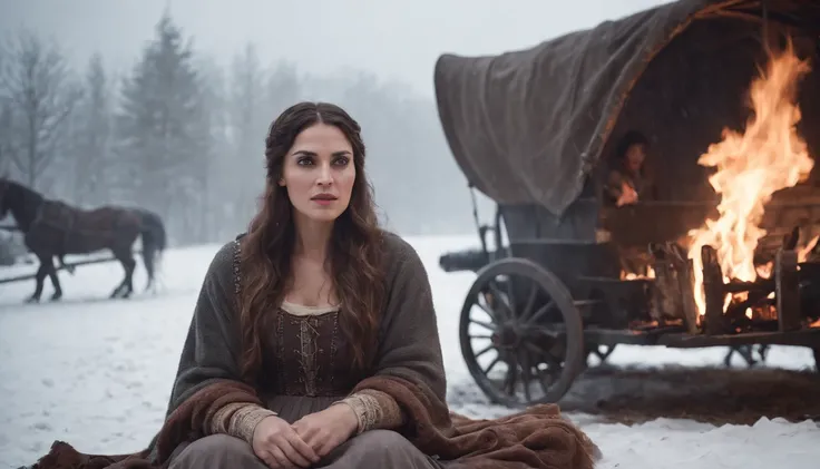 medieval Hungary, darkest night, snow, gypsy woman sits beside a fire casting a spell, eerie, gypsy wagon in background, snowing, cinematic scene from film