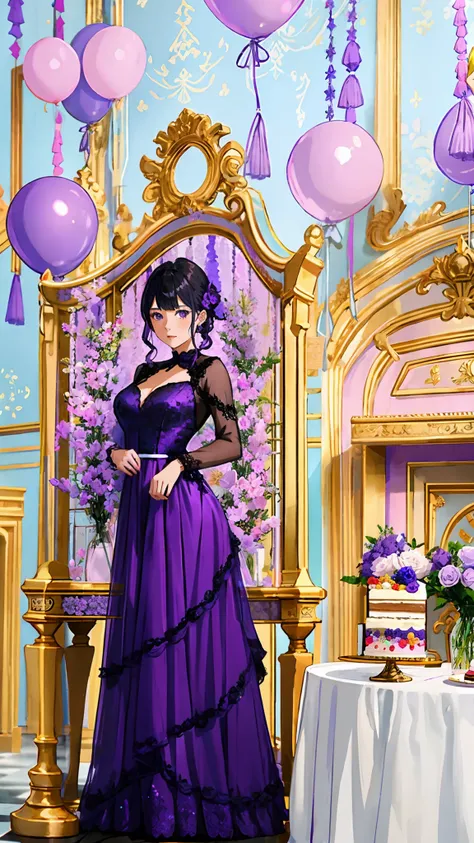 A young woman dressed in a purple dress standing in front of a cake, garbed in a purple gown, purple themed, violet colored theme, backdrop, 8k, beautiful