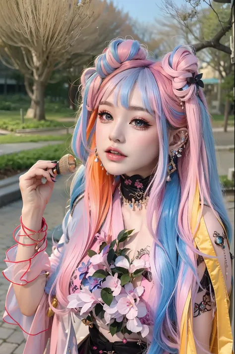 in a beautiful park，a modern woman. it has a very colorful and eye-catching kawaii gothic style.., stylish makeup and colorful w...