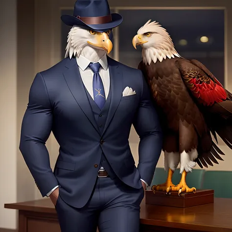 Anthro eagle muscled wear  mimitary suit   with a tie with a hat