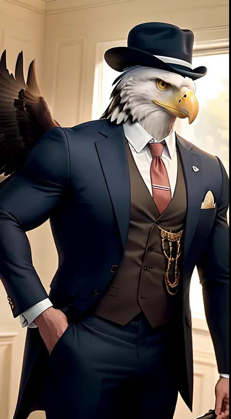 Anthro eagle muscled wear  mimitary suit   with a tie with a hat