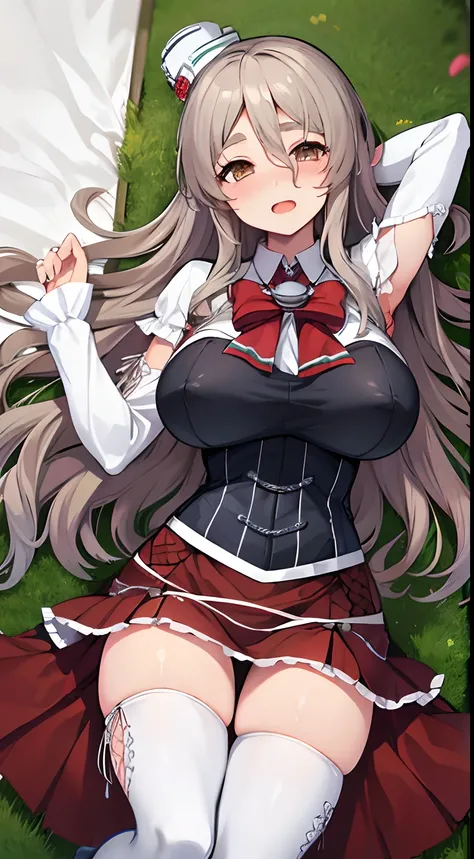 Open mouth, A MILF,Shiny body, Shiny skin, ,Large breasts ,Shiny skin,BTPT-FC,wide hips,POLA KC, (Long sleeves) Shirt, (white) Shirt, (white) corsets, frilld, Bodice, (Red) bowtie, (Red) Miniskirt, (white) thighs thighs thighs thighs, (Mini) hat, Sloping h...