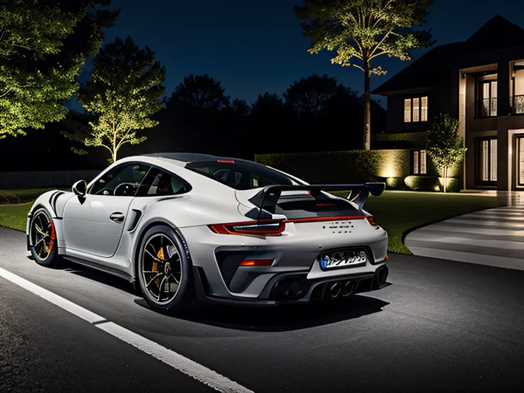 porsche 911 gt rs  next to a modern mansion driveway at night