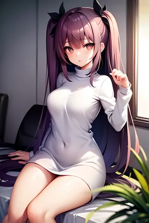 1girls, wears a much too long white sweater over the entire body, posiert auf dem bett, Seductive girl