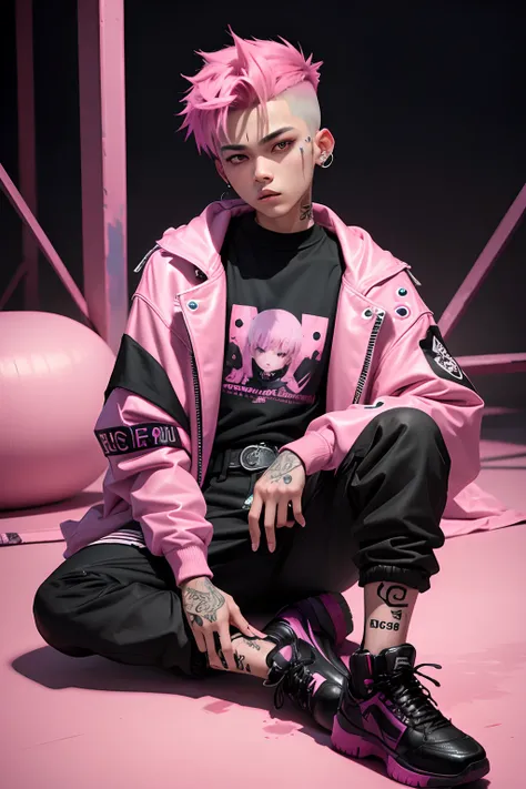 Kpop teen age boy with fade cut pink hair, cute face, irresistible,sit pose, poser, serious face, full half body show, tattoos, wears cool black mixed pink open jacket with long big sized shirt, long black pants with belt, paint background