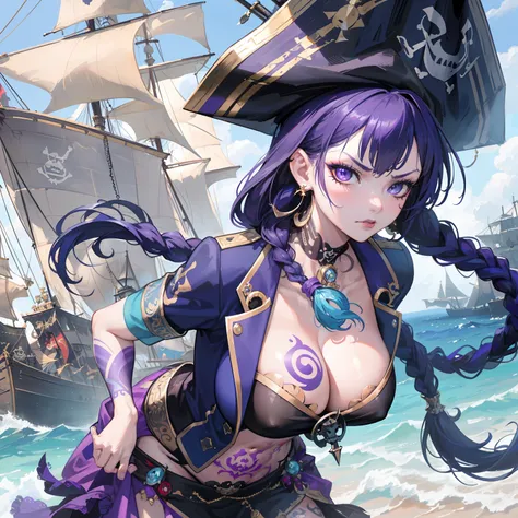 (pirate woman),(respectable),(beautiful),(exotic outfit),(blue and purple color scheme),(fierce),(best quality,4k,8k,highres,masterpiece:1.2),(ultra-detailed),(realistic,photorealistic,photo-realistic:1.37),(HDR),(UHD),(studio lighting),(extremely detailed...