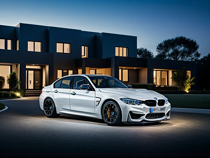 bmw m3 cs next to a modern mansion driveway at night