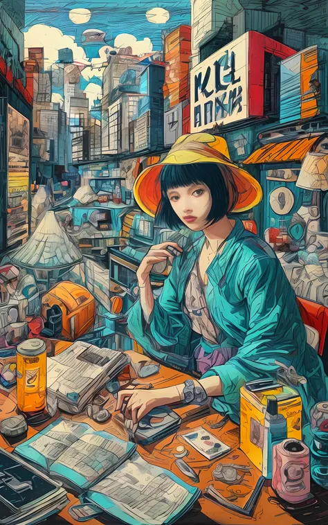 drawing of a woman sitting at a table holding a book, victoshai! cmyk palette, pop japonisme 3 d ultra detailed, artwork in styl...