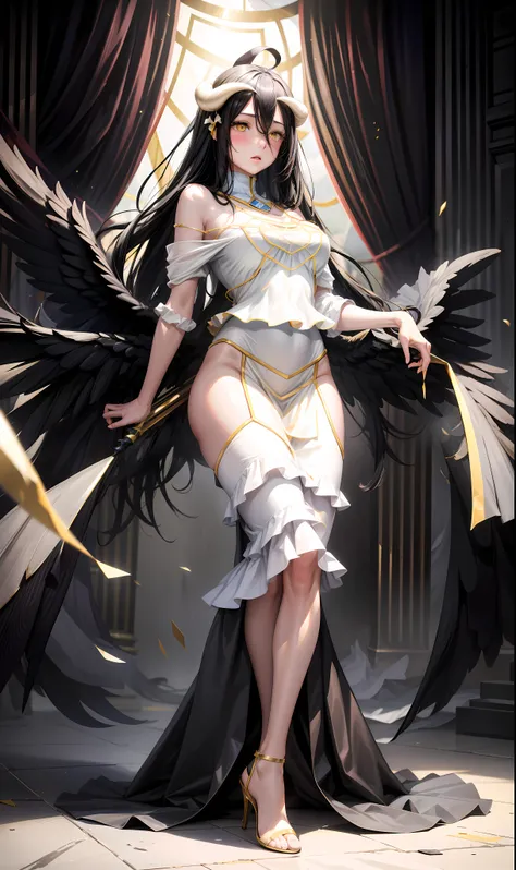 realistic, 1girl, black hair, yellow eyes, long split thigh formal white dress, white heels, horns, blush, background grand throne room