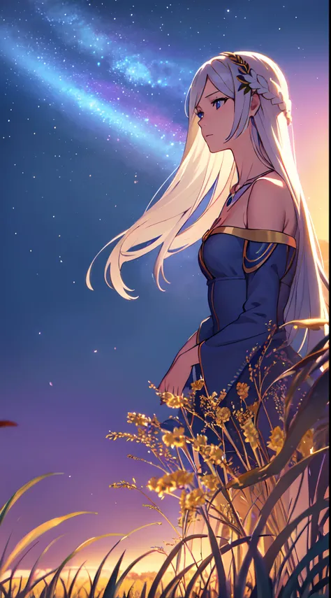 masterpiece, best quality, 1lady, solo, really long hair, white hair, (flowers hair ornament), light blue eyes, looking up at the sky , necklace, earrings, night, Vast sky, beautiful skyline, fireflies, fantasy, off shoulder blue dress, medium bust, night ...