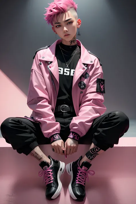 Kpop teen age boy with fade cut pink hair, cute face, irresistible,sit pose, poser, serious face, full half body show, tattoos, wears cool black mixed pink open jacket with long big sized shirt, long black pants with belt, paint background