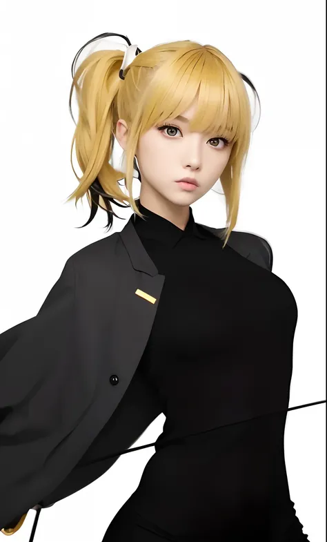 1girl, black shirt, gray coat, yellow hair, brown eyes, black shoes, beautiful, ultra detail, realistis, brown and black arc, sexy girl, 80mn lens