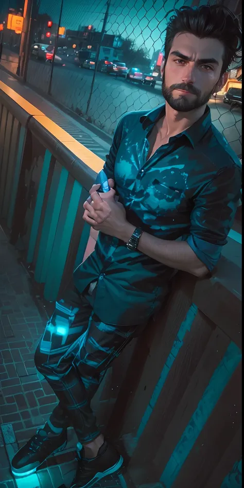 close up portrait of a modern dark-haired man, detailed face,  in a plaid dark shirt,  on the street of the city, near a blue car, evening, neon, lanterns,  dramatic sky, by greg rutkovski