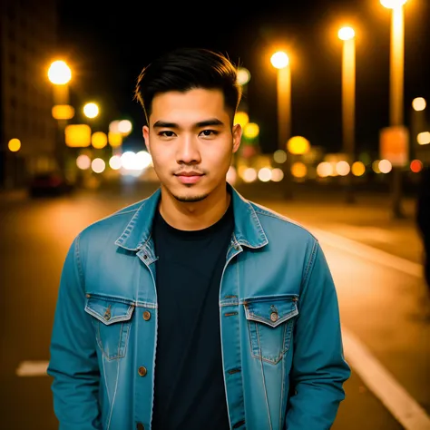 RAW photo, a portrait photo of 25 y.o man in casual clothes, night, city street, (high detailed skin:1.2), 8k uhd, dslr, soft lighting, high quality, film grain, Fujifilm XT3