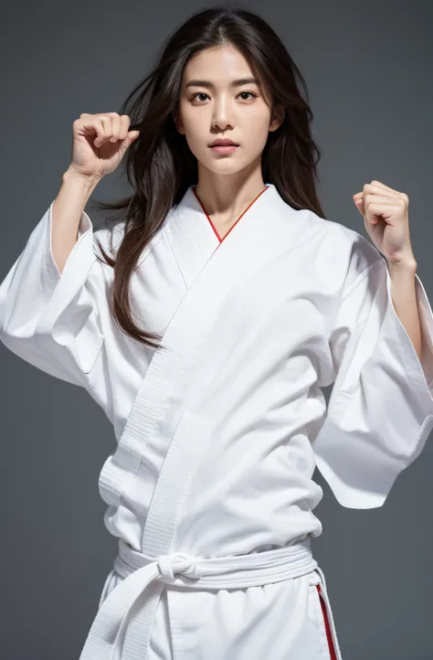 musculature, Full body 8k portrait, long limbs, stretching arms up, White karate uniform, White karate pants, disheveled long hair