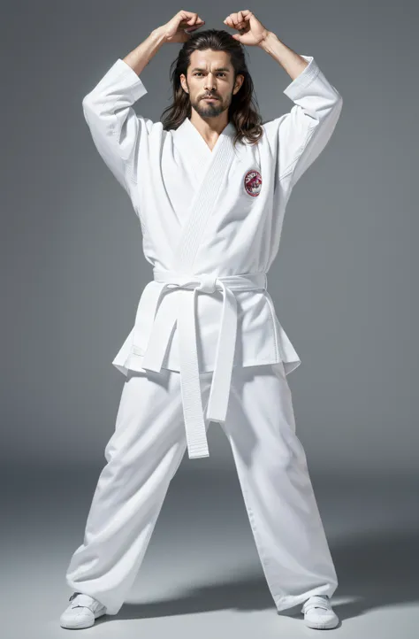 musculature, Full body 8k portrait, long limbs, stretching arms up, White karate uniform, White karate pants, disheveled long hair