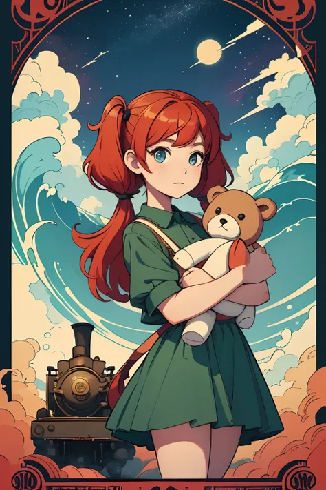 beautiful and asethetic, masterpiece, movie poster, best quality, drawing of a of a little girl with red hair in pigtails wearing a long dark green dress holding a teddy bear, pose in front of a steam train, old train water and waves., celestial, stars, br...