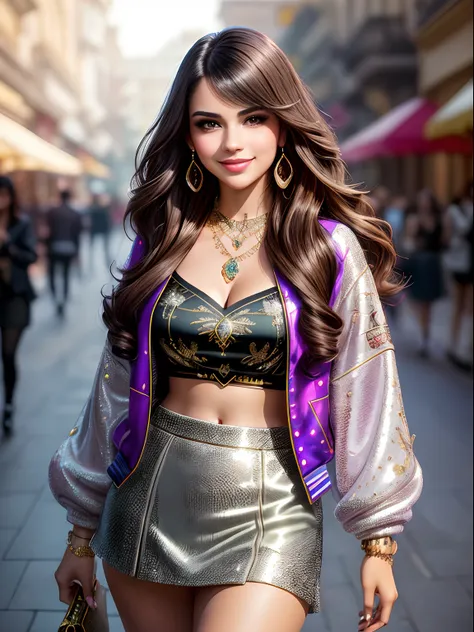 (masterpiece photography of a solo:1.2) alluring sexy tall curvy (26 yr old) (Selena Gomez:Emma Watson:0.8) lady   walking in style on a a street, (wearing Blingy jewel encrusted jacket & embroidered mini skirt:1.3). hip hop energy, maximalism, (heavily ta...