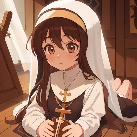 (best quality, high quality:1.3), CG, dramatic lighting, highly detailed, Bokeh, long brown hair, cute 15 year old wearing nun habit and white veil , wooden floor, side lighting, holding rosary, fox ears.