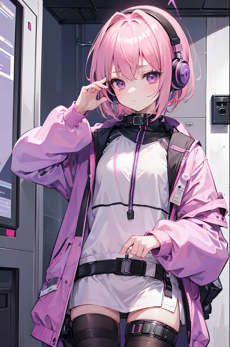 masterpiece, highlydetailed, ultra-detailed, solo, (girl), little girl, short hair, pink hair, purple eye, flat expression, lackluster, lazy, sleepy, modern clothes, programmer, hacker, cute, pink teddy bear, sci-fi, future vibes, hair decoration, Loli, he...