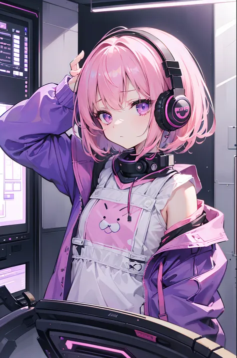 masterpiece, highlydetailed, ultra-detailed, solo, (girl), little girl, short hair, pink hair, purple eye, flat expression, lackluster, lazy, sleepy, modern clothes, programmer, hacker, cute, pink teddy bear, sci-fi, future vibes, hair decoration, Loli, he...