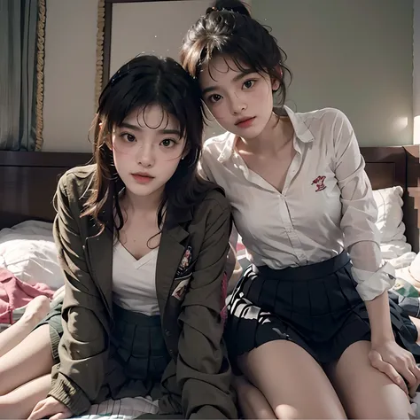 Two female students，Wear a student uniform，Lie down in bed，Leaning together，homosexuality，Ride on the body，Sit on the body，face to face