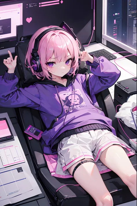 masterpiece, highlydetailed, ultra-detailed, solo, (girl), little girl, short hair, pink hair, purple eye, flat expression, lackluster, lazy, sleepy, modern clothes, programmer, hacker, cute, pink teddy bear, sci-fi, future vibes, hair decoration, Loli, he...