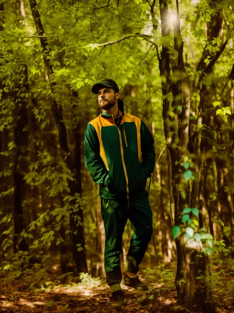 there is a man standing in the woods with a frisbee, amidst nature, in front of a forest background, in full growth, album art, photo shoot, high quality upload, photoshoot, standing in the forest, profile photo, standing on a forest, profile picture, stan...