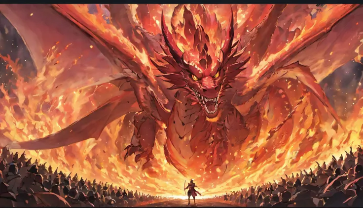 Generate a captivating image of a massive red dragon in an epic battle with a courageous army, with both sides showcasing their might and power in a visually striking manner.