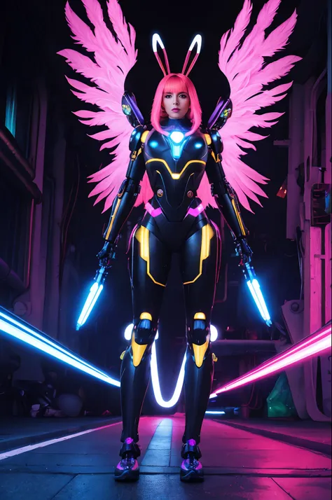 (wide wide shot)，(Best quality,Masterpiece:1.2),(Futuristic cyborg woman), (Rabbit ears)，bright colored hair，((A pair of huge feathered wings)),Her wings are a marvel of technology, A combination of a sturdy metal frame and a delicate translucent film,((In...